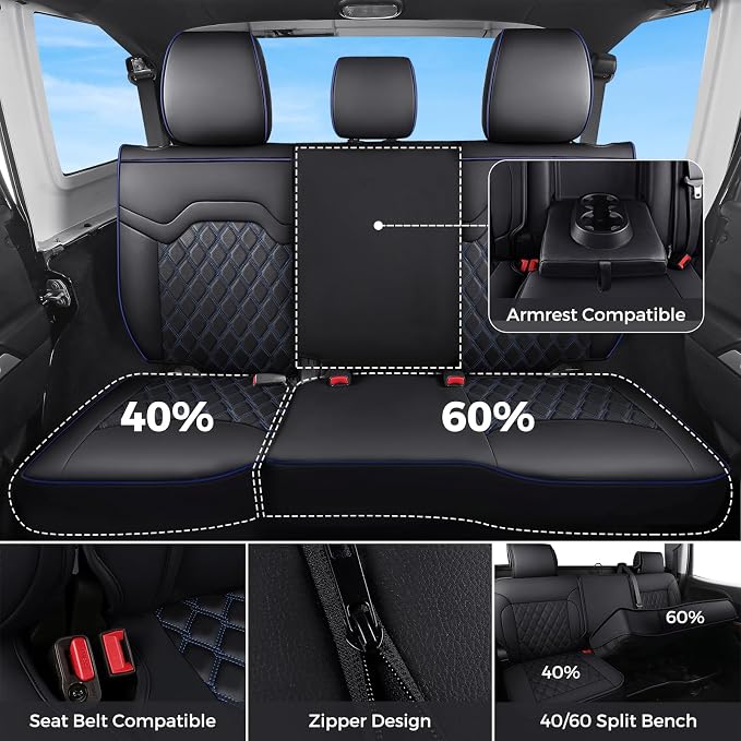 Huidasource Silverado Seat Cover, Sierra Seat Cover fit for Chevy Silverado/GMC 1500 2014-2018, 2500HD 3500HD 2015-2019 Crew Double Extended Cab, Nappa Leather Seat Covers (Full Set/Blue)