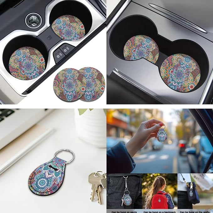Art Mandala Car Seat Covers Set 12 Pack with Steering Wheel Cover Auto Seat Belt Cover Cup Coasters Center Console Cover Car Accessories Universal Fit for Most Cars,SUVs