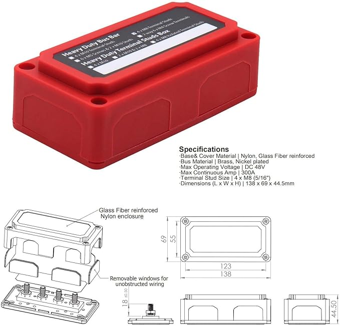 Bus Bar 12V-48V 300A, Heavy Duty Module 4 x 5/16" Posts Terminals Power Distribution Block, Positive Negative Ground DC Battery Busbar Junction Blocks for Car RV Solar Boat Truck Marine, 2 Pack