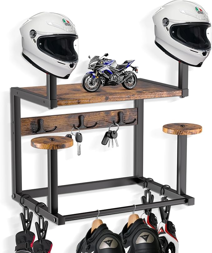 Motorcycle Helmet Hanger Wall Mount, Tiered Wooden Organizer with Metal Frame, 4 Helmet Holders, 5 Glove Clips & 3 Hooks for Accessories Storage