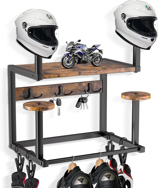 Motorcycle Helmet Hanger Wall Mount, Tiered Wooden Organizer with Metal Frame, 4 Helmet Holders, 5 Glove Clips & 3 Hooks for Accessories Storage