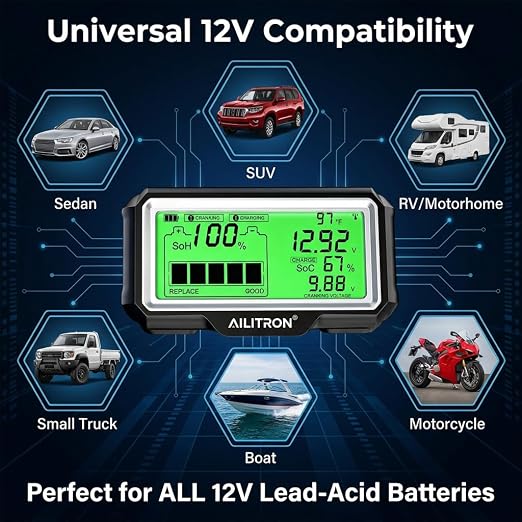 12V Battery Tester Wireless Battery Monitor 433MHz Wireless Battery Tester with Cranking Charging Test/Voltage/Temperature/Alarm/Real-Time Monitoring for Car, Motor, RV, Truck, Boat,Golf Cart, Solar