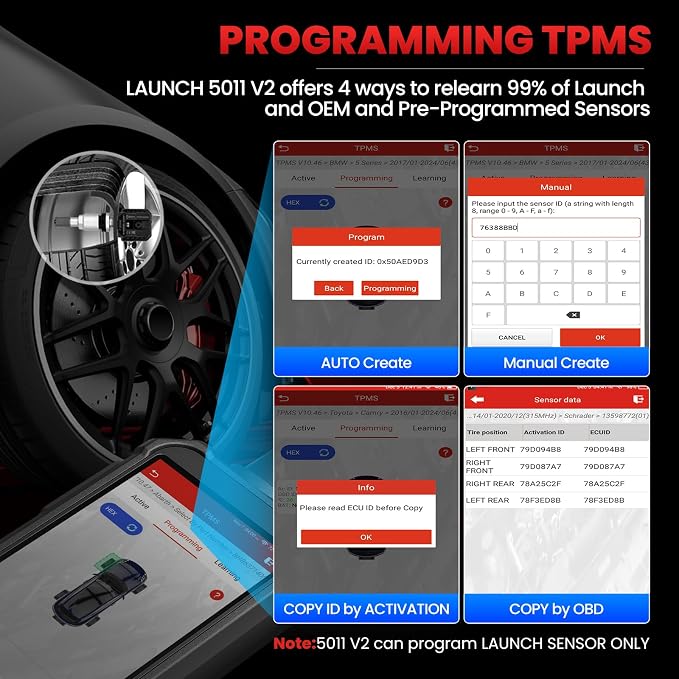 2026 Launch X431 Creader 5011 V2 TPMS Tool，TPMS Sensor (315+433MHz) Read/Activate/Relearn/Reset Scanner Tool,OBD2 Code Reader& 12 Hot Rests, Lifetime Free Update