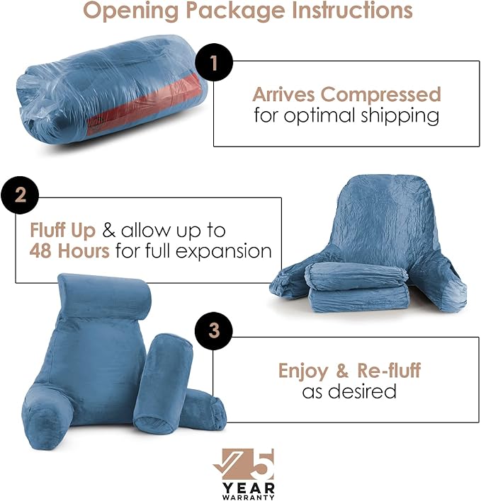 Nestl Reading Pillow with Shredded Memory Foam Includes 2 Neck and Lumber Support Pillows, Designed for Sitting Up in Bed and Couch, Back and Arms Adjustable Support for Adult & Teens, Blue Heaven