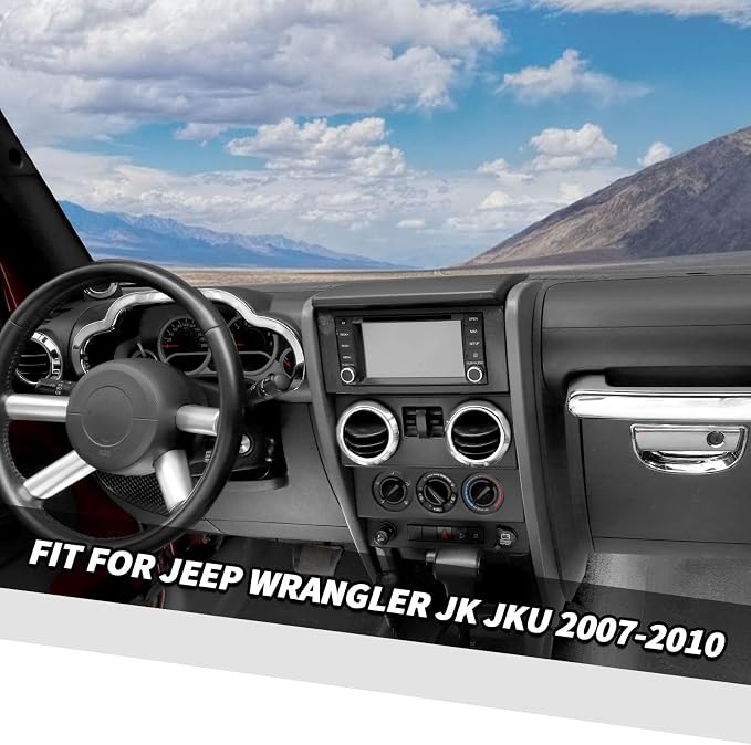 Jimen Fit for Jeep Wrangler JK JKU 2007-2010, 14PCS Interior Kits - Instrument Panel Dashboard Cover, AC Vent Ring, Passenger Grab Handle Trim, A Pillar Speaker Cover (Chrome)