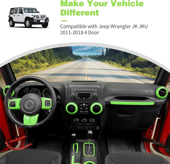 CheroCar 18PCS Interior Trim Kit for Jeep Wrangler JK JKU 2011-2018 4 Door,Steering Button Frame, Air Conditioning Vent Trim Cup Holder Cover,Gear Shift Knobs Frame,Light Green…