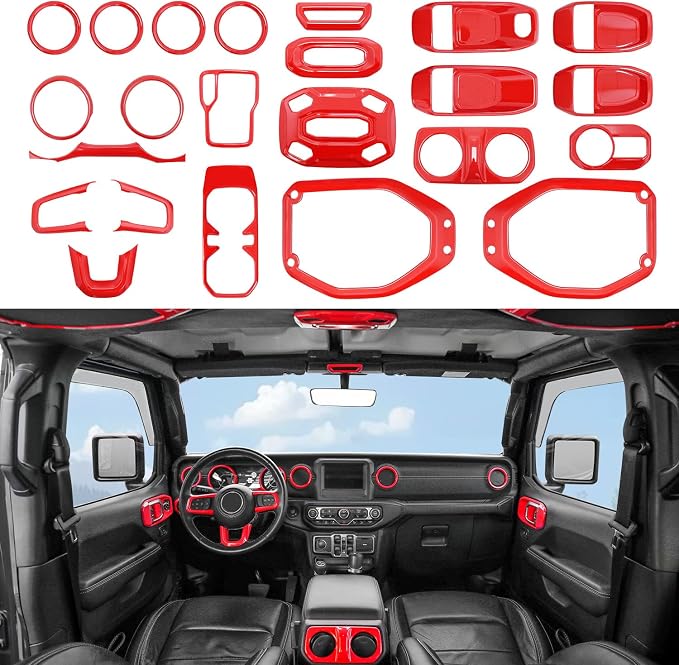 Barong for Jeep Wrangler JL JLU Gladiator JT 2018-2023 Accessories Interior Decoration Steering Wheel Gear Cup Holder Door Panel AC Air Vent Reading Light Cover 23PCS Full Set (Red)