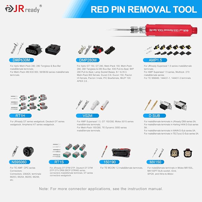JRready ACTCRH7A04 Pin Extractor Tool Set, Compatible with TE, Deutsch, AMP, Molex MX150, Delphi, Harting, YAZAKI, JPT, D SUB Connectors, Blade and Round Pin Extractor with 40 Replacement Tips