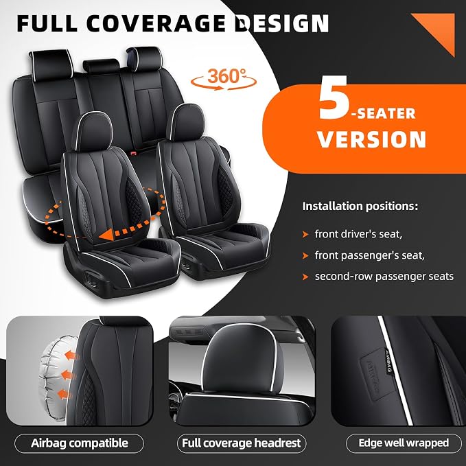 5-Seater Car Seat Covers Full Set, Fit for Front and Rear Seats of Cars, Waterproof and Breathable Nappa Leather, Compatible with Airbags, Car Seat Protector Covers for Most Cars - Black White
