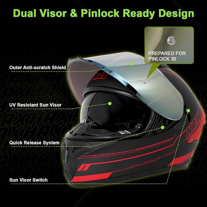 HAX Obsidian Dual Visor Full Face Motorcycle Helmet DOT/ECE 22.06 Approved, Pinlock & Bluetooth Ready, Aerodynamic Spoiler for Powersports Street Bike Racing, Unisex Adult (Matte Black Red, XL)