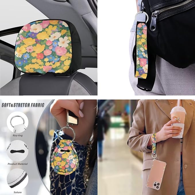 13 Pack Rainbow Wild Flower Car Seat Covers, Colorful Wildflowers Steering Wheel Cover Seat Belt Pads, Abstract Floral Geometric Auto Front and Rear Bench Seat Cover