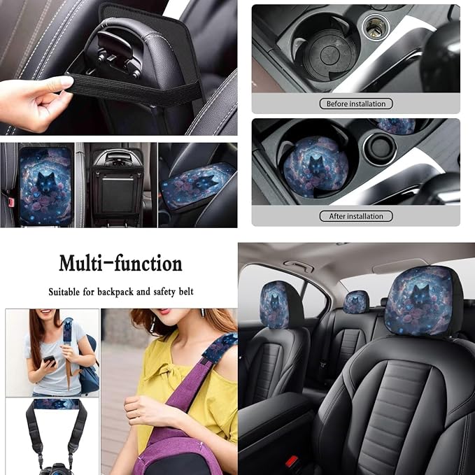 Wolf Rose Butterfly Auto Seat Protector Full Set Decorative Car Accessories Set 15 Pack, Non Slip Car Steering Wheel Covers Armrest Pad Shoulder Strap Protector, Blue