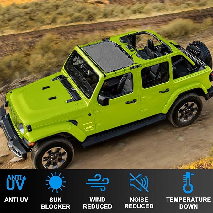JT JL Top Sun Shade Roof Compatible with Jeep Wrangler and Gladiator 2 or 4 Door 2018 to 2023 Sunshade Sunroof Blocks UV Wind Noise Gray Mesh for Front