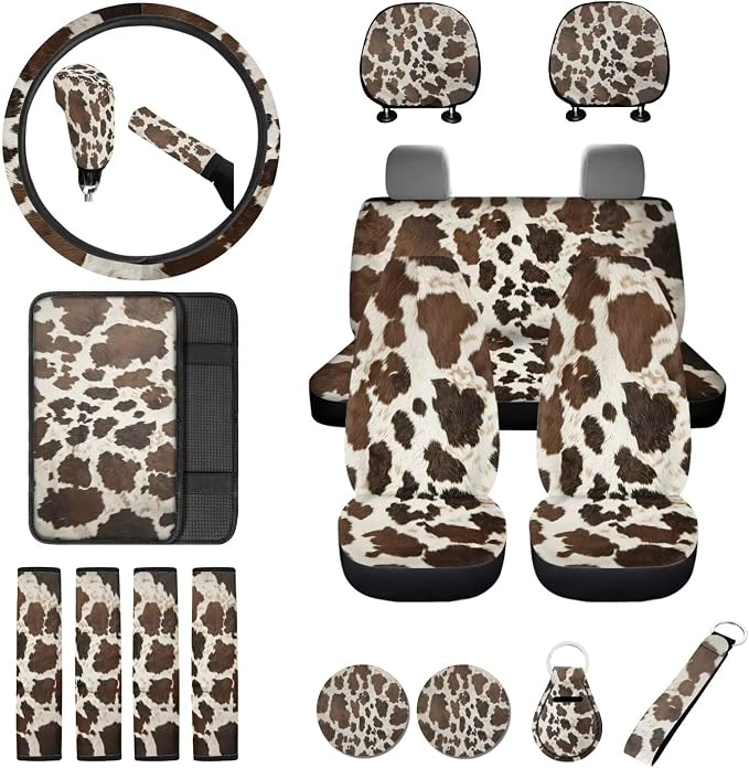 Brown Cow Print Car Seat Covers Full Set Steering Wheel Cover Set of 18 Universal Handbrake Cover,Center Console Cushion,Headrest Protector,Seat Belt Pad,Cup Holder Coaster and Keychain