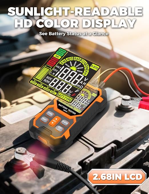 Car Battery Tester, 12V/24V Automotive Battery Diagnostic Tool, 50-2000 CCA Load Capacity, Digital Battery Analyzer & Voltage Meter for Car Truck Motor SUV Boar ATV RV