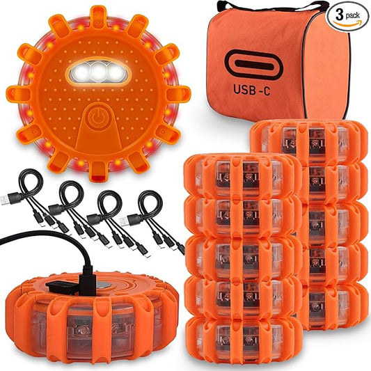 Ecoangel USB-C Rechargeable LED Road Flares Emergency Lights-Large Capacity (Lithium Battery) 3 in 1 Cable Roadside Warning Car Safety Beacon Flashing Disc Kit with Magnetic Base for Vehicles