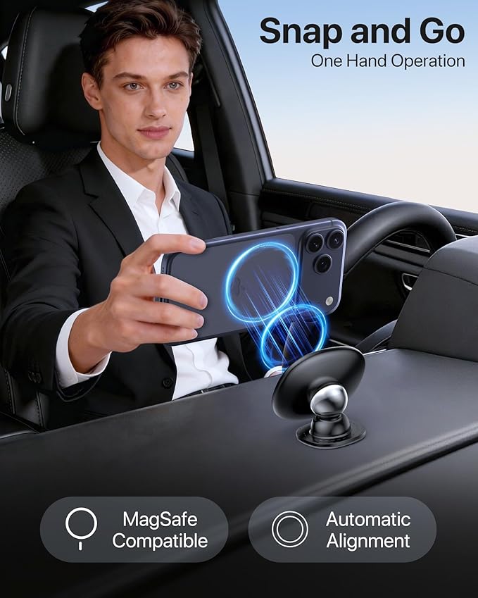 Miracase for MagSafe Car Mount【Strong Magnets】 Magnetic Phone Holder for Dashboard，360 Adjustable Car Phone Holder, Compatible with Garmin GPS iPhone Android and All Smartphones, Black