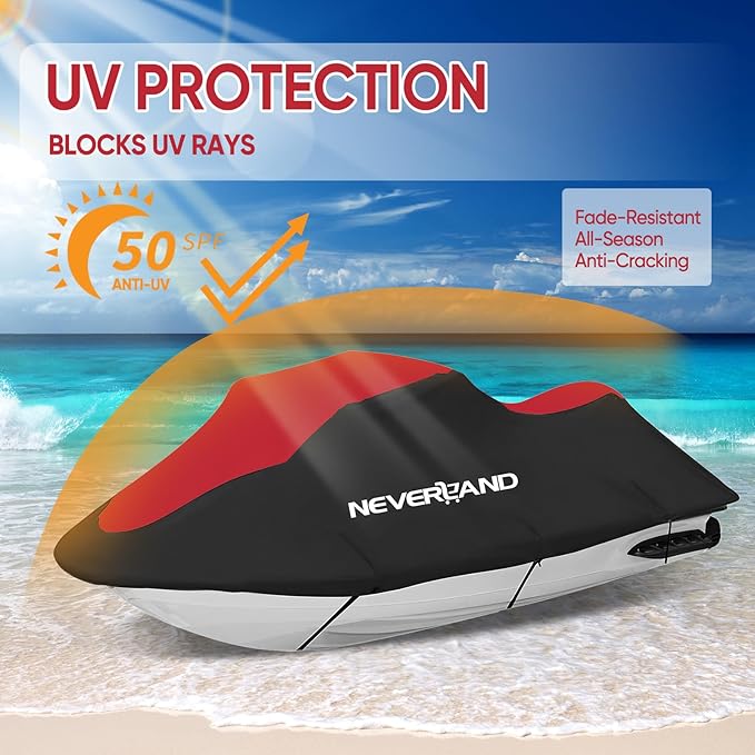 NEVERLAND Jet Ski Cover Suitable for 2 3 Seater Jetski Covers Heavy Duty Waterproof with 2 Air Vent Marine Grade UV Resistant Compatible with Yamaha Sea-Doo Lengths 135'' to 145"(Red)