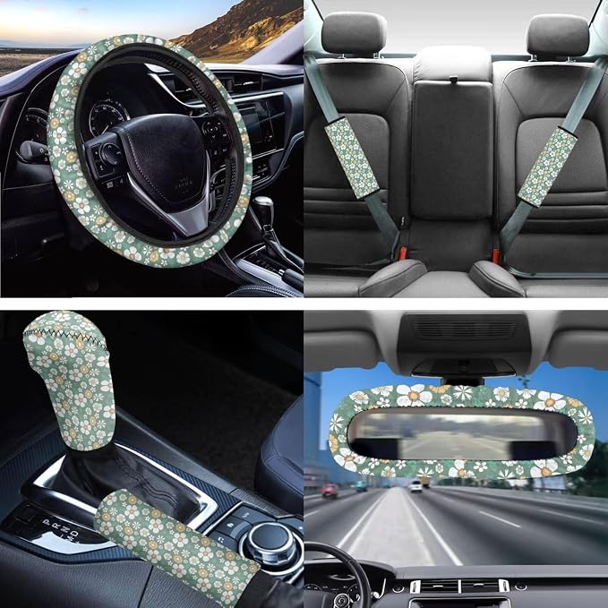 Vintage Groovy Flower Car Seat Covers Set for Women, 70S 80S Green Car Accessories Cute Steering Wheel Cover Coaster Mirror Cover Seatbelt Pad Gear Shift Pad Aesthetic Floral Car Seat Covers