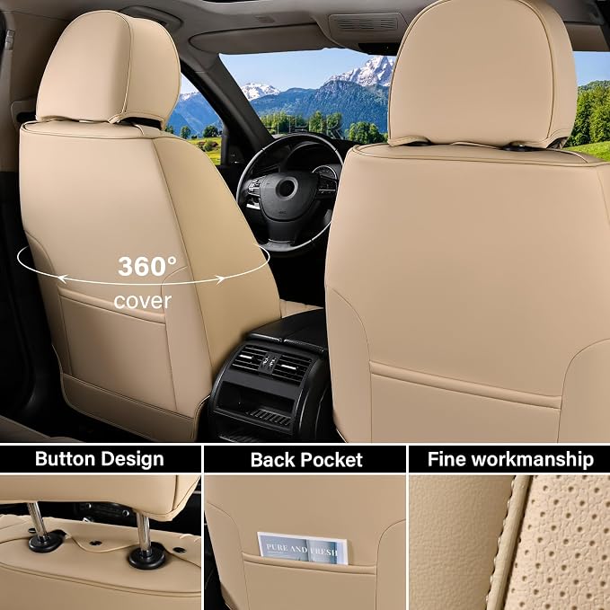Coverado Car Seat Cover Front Seat, Beige Seat Covers Front Seats, Nappa Leather Waterproof, Car Seat Cushion, Car Seat Protector Universal Fit Most Cars