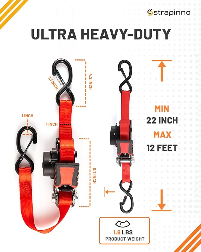 Strapinno Retractable Ratchet Straps - 1 in x 12 ft Heavy Duty Tie Downs, 1800lbs Breaking Strength Each, S Hooks with Safety Clip, AutoRetract, for Moving, Motorcycle, Boat, Kayak, and Cargo (2)