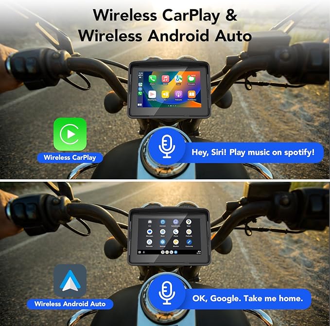 YZW Portable Wireless Motorcycle Apple Carplay & Android Auto, Motorcycle Carplay IP67 Waterproof GPS Navigation System, 5" Motorbike Touchscreen, Support Dual Bluetooth, EQ, Siri/Google Assistant