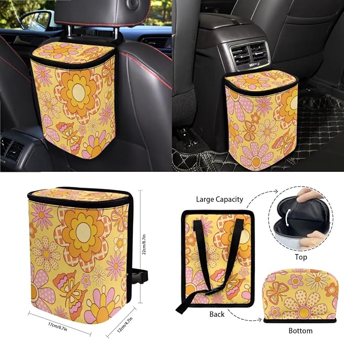 Hippie Flower Print 15 PCS Car Front Back Seat Cover Full Set, Seat Belt Strap Pad Steering Wheel Covers Air Vent Storage Bag Cup Holder Rear View Mirror Cover Key Chain Auto Decor