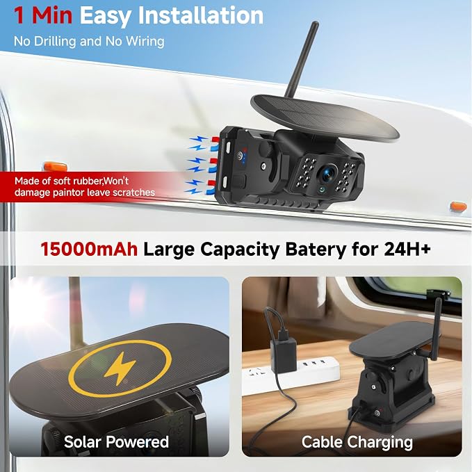Magnetic Wireless Backup Camera for RV - 15000mAh Battery Solar Powered Reverse Camera System with 1080P 7in Monitor, 500ft Stable Range 4CH Split Screen for Horse Trailer Truck Pickup Tractor