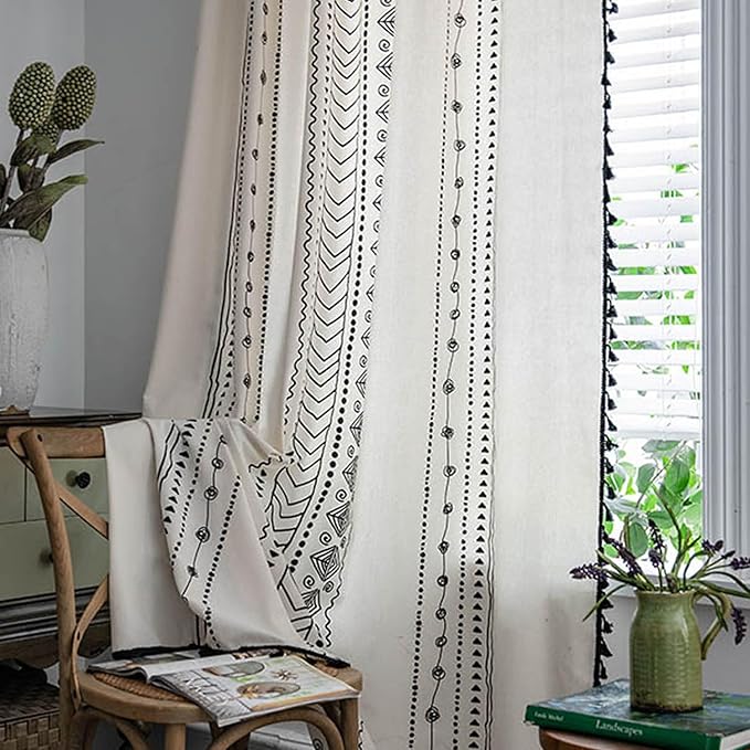 ColorBird Boho Curtains 84 Inches Length Modern Farmhouse Decor Black and White Striped Geometric Aztec Western Window Treatment Cream Curtain & Drapes 2 Panels for Living Bedroom Dining Room