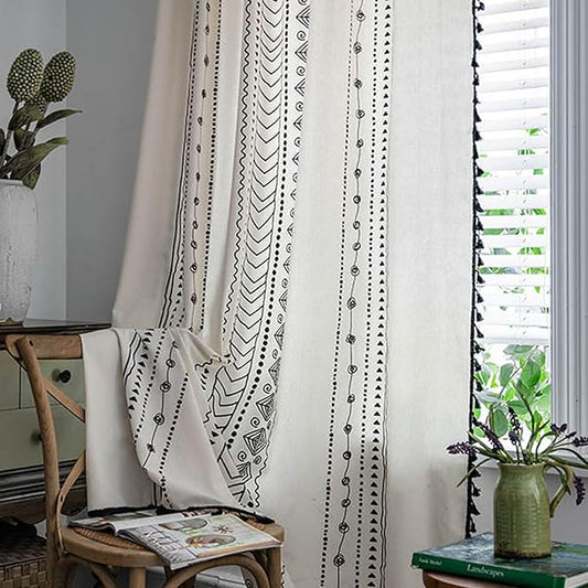 ColorBird Boho Curtains 84 Inches Length Modern Farmhouse Decor Black and White Striped Geometric Aztec Western Window Treatment Cream Curtain & Drapes 2 Panels for Living Bedroom Dining Room