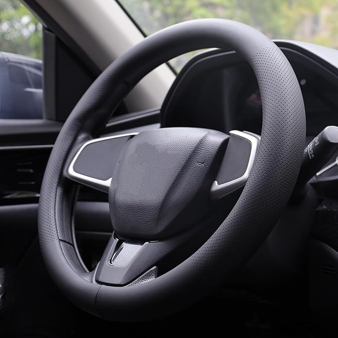 XHRING Car Steering Wheel Cover for Ford Fusion Mustang Bronco/Bronco Sport Ranger Maverick Edge Explorer Escape Focus Ecosport Transit Connect Fiesta Taurus Flex Accessories, Black Leather 14 1/2-15"