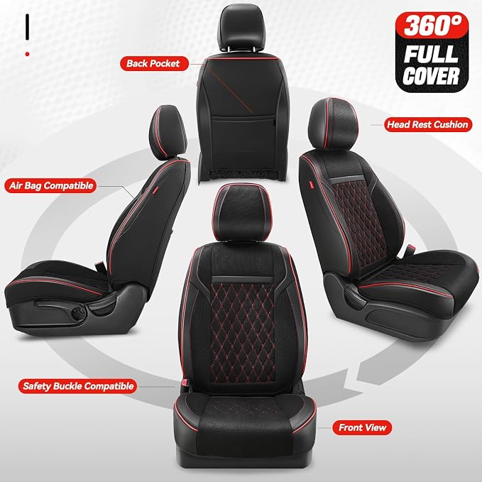 Auto Dynasty Car Seat Covers Full Set, Anti-Slip Automotive Interior Covers with Storage Pocket, Breathable Car Seat Protectors, Airbag Compatible, Fit Most Vehicles, Diamond Stitch Mesh Black