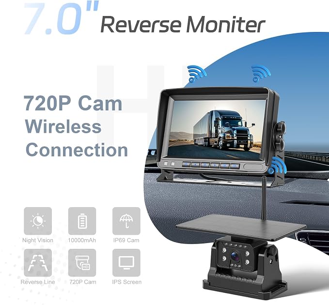 Wireless Solar Backup Camera with 7-Inch HD IPS Display, IP69 Waterproof Magnetic Mount, Infrared Night Vision, No Wiring Easy Installation, Rear View Camera for Car/Truck/Trailer/RV