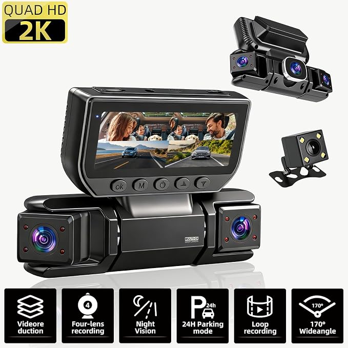 W6 4 Channel Dash Cam 360° Recording Dash Cam for Cars 2K Front + 1080P Rear & Side Cameras 5GHz WiFi & App Control, Night Vision, G-Sensor, Parking Monitor, 64GB SD Card Included