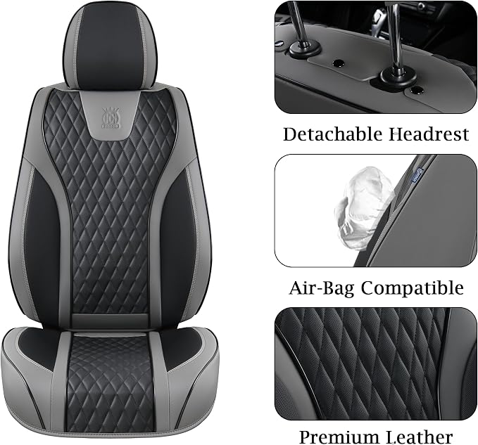 Doogo Leather Seat Covers, Automotive Seat Covers 2PCS,Waterproof Front Seat Cover for Cars, Luxury Leatherette Car Seat Cushion, Gray Seat Covers for Sedan SUV Pick-up Truck (Gray&Black,Front Pair)
