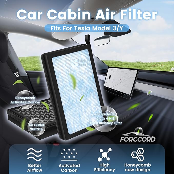 2-Pack HEPA Cabin Air Filter Fits for Tesla Model 3 Model Y 2016-2024 2025 Activated Carbon Cabin Filter Replacement Tesla Car Accessories