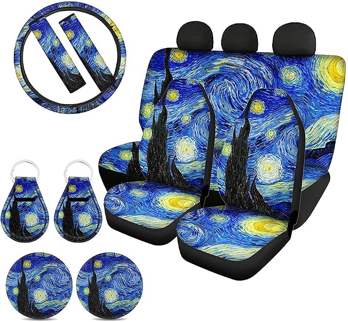 Biyejit Starry Night Print Car Seat Covers Full Set Universal Front and Rear Bench Back Seat Cover with Steering Wheel Cover/Seat Belt Strap Cover/Cup Coasters/Auto Keychains