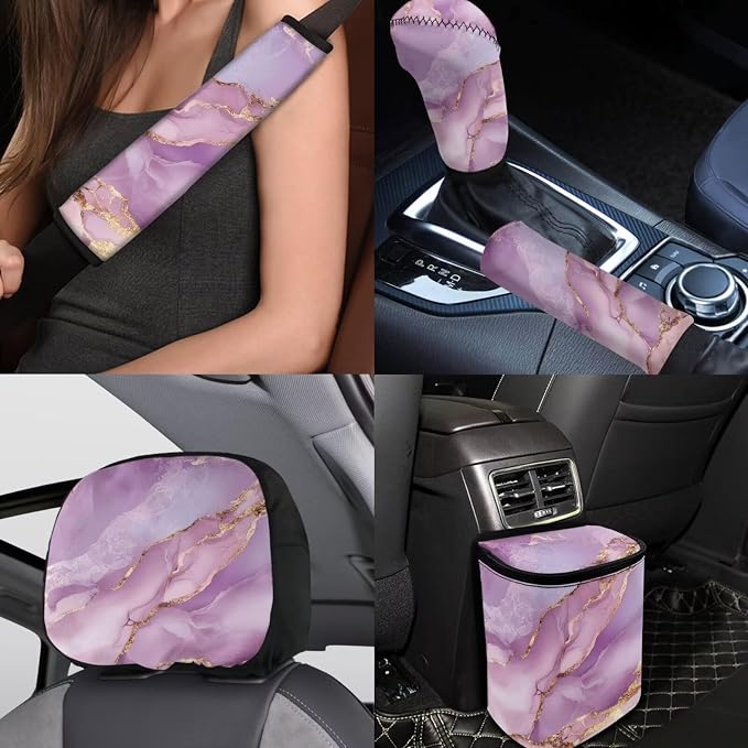 BIGCARJOB Pink Marble Print Car Seat Covers Set 15 Pcs Pink Marble Texture Car Interior Accessories Full Set Auto Seat Headrest Cover Steering Wheel Cover Car Trash Can Hanging