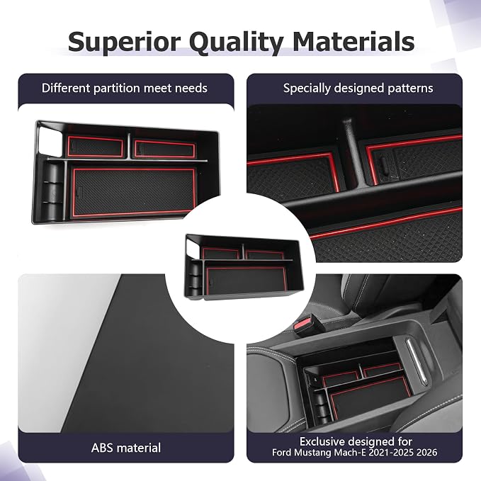 LUWU 2024 Mustang Mach E Center Console Organizer for 2021-2024 Ford Mustang Mach E Select/Premium/GT Accessories Armrest Console Storage Box Glove Organizer Tray ABS Material (Red)