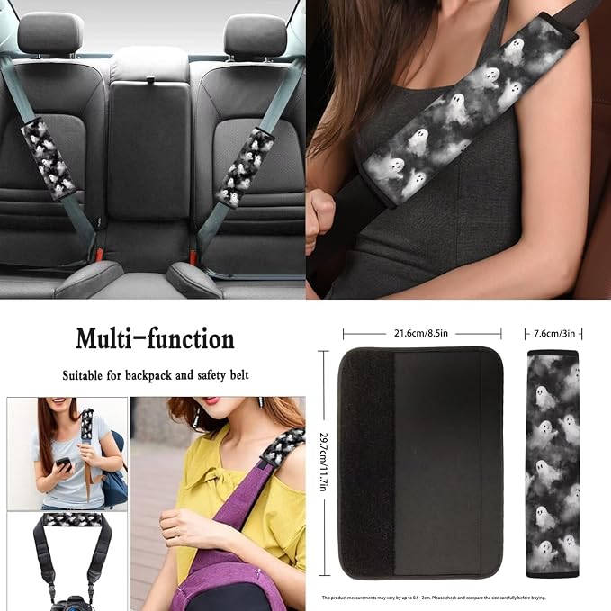 Cute Ghosts Print Car Accessories Car Seat Covers Full Set with Steering Wheel Covers+Seat Belt Pads+Coasters+Keychain+Lipstick Holder Universal Fit 13 Pack Halloween Car Decor