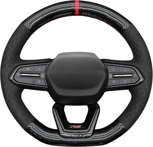 MEWANT DIY Embossed Suede Shiny PU Carbon Fiber Steering Wheel Wrap for Chevy Equinox RS 2025 Silverado EV RST 2024-2025