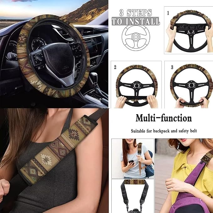 12 Pc Brown Aztec Tribal Car Seat Covers Full Set Ethnic Style Southwestern Boho Car Seat Covers/Steering Wheel Covers/Seat Belt Pads/Key Chain/Coaster/Lipstick Holder Universal Fit