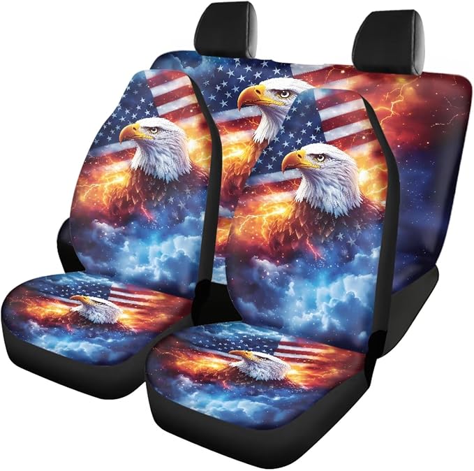 American Flag Eagle Car Seat Covers Car Floor Mats Steering Wheel Cover Armrest Pad Seat Belt Pads Roof Handle Wraps Cup Coaster Keychain Auto Accessories Set of 18 (Lightning Design)