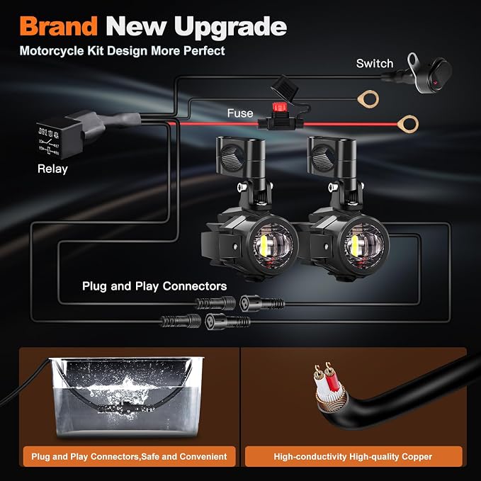 LEDMIRCY Motorcycle Auxiliary Lights, Exploradoras LED para Moto with Switch Wiring Harness Kit Motorcycle Fog Lights IP68 Waterproof Driving Spot Light with Mount Brackets for ATV UTV Snowmobile