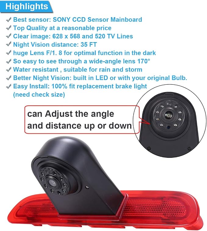 HD Brake Light Roof Rear View Reversing Camera Parking Aids with Angle Adjustable Compatible with Toyota Commuter Hiace H200 MK5 Van LWB TRH KDH Tailgate Transporter (Camera+4.3'' Rearview Mirror)