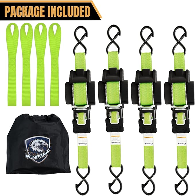 Retractable Ratchet Strap (Neon Green, 4Pack)