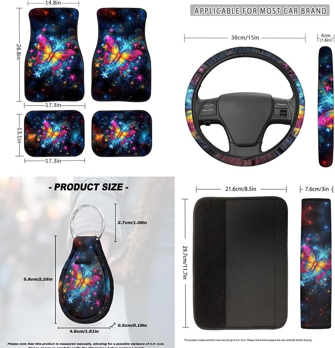 18 Pcs Colorful Butterfly Car Interior Accessories Set for Women, Car Seat Covers with Steering Wheel Cover Floor Mats Seat Belt Pads Armrest Pad Roof Handle Wraps Cup Coasters Keychains
