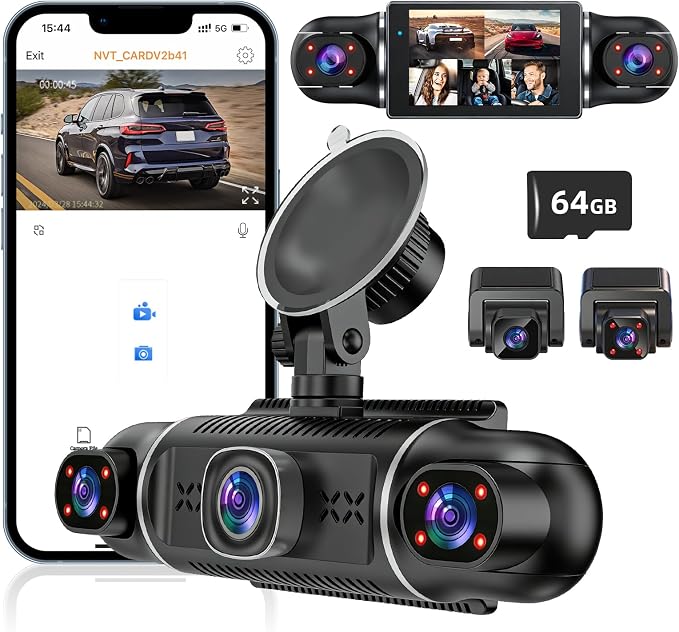 5Channel Dash Cam,Front and Rear, 360° Dash Camera, 2160P/1080P UHD, Super Night Vision with IR LEDs, Built-in 5G WiFi, G-Sensor, 24-Hour Parking Monitoring, Includes 64GB TF Card, 3Inch Screen