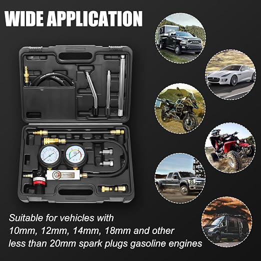 JIFETOR Cylinder Leak Down Tester Kit, Automotive Engine Compression Dual Gauge Leakdown Test Set with 10 12 14 18mm Spark Plugs Universal for Small Engine Motorcycle ATV, Black Case