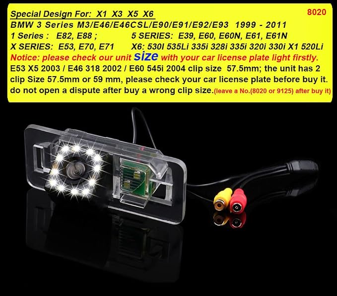 with 8LED Waterproof Car Rear View Backup License Plate Light Camera Night Vision for BMW X /1/3/5 Series E90 E91 E92 530I 530Li 320i 328i/X1 X3 X5 X6 M3 M1 E39 E46 E91 E88 E53